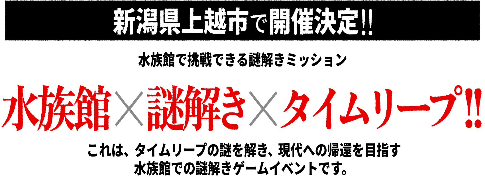 新潟県上越市で開催決定!! 水族館で挑戦できる謎解きミッション 水族館×謎解き×タイムリープ!! これは、タイムリープの謎を解き、現代への帰還を目指す 水族館での謎解きゲームイベントです。